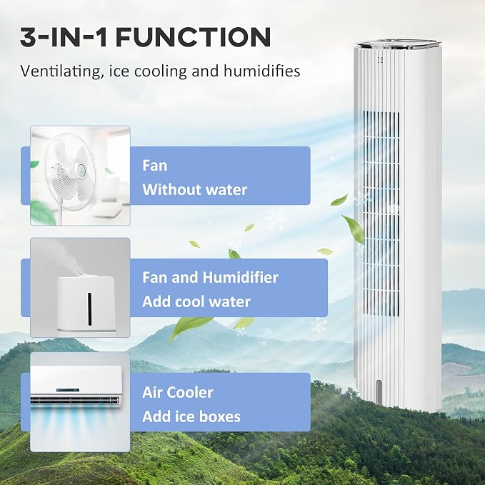 42" 3-In-1 Evaporative Air Cooler, Ice Cooling Fan with Humidifier and with Water Tank, 60° Oscillating Portable Swamp Cooler