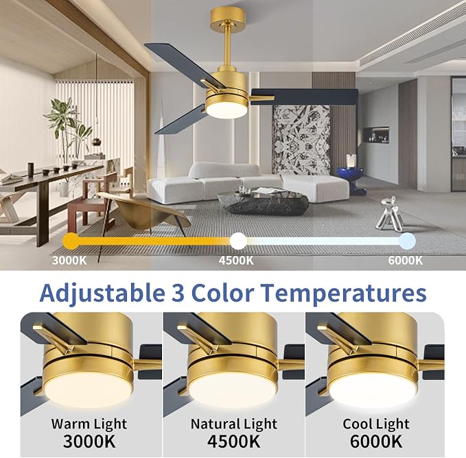 42'' Black and Gold Ceiling Fans with Lights and Remote, 6 Speed Low Profile Modern Ceiling Fan with Quiet DC, alternate view
