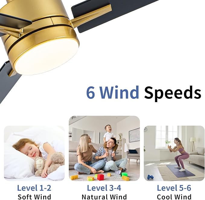 42'' Black and Gold Ceiling Fans with Lights and Remote, 6 Speed Low Profile Modern Ceiling Fan with Quiet DC, alternate view