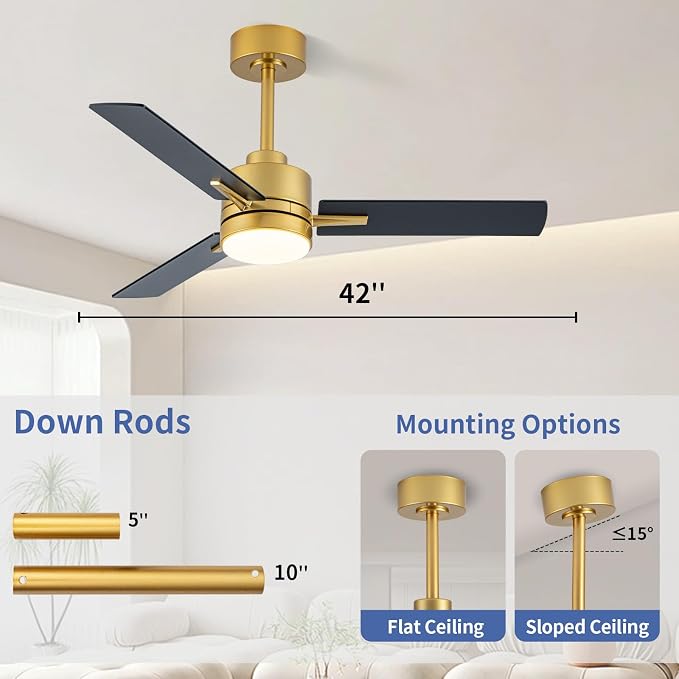 42'' Black and Gold Ceiling Fans with Lights and Remote, 6 Speed Low Profile Modern Ceiling Fan with Quiet DC, alternate view