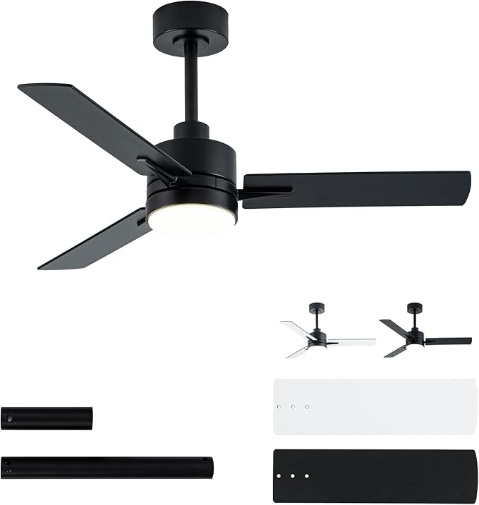 42'' Black Ceiling Fans with Lights and Remote, 6 Speed Low Profile Modern Ceiling Fan with Quiet DC Motor for Indoor Outdoor