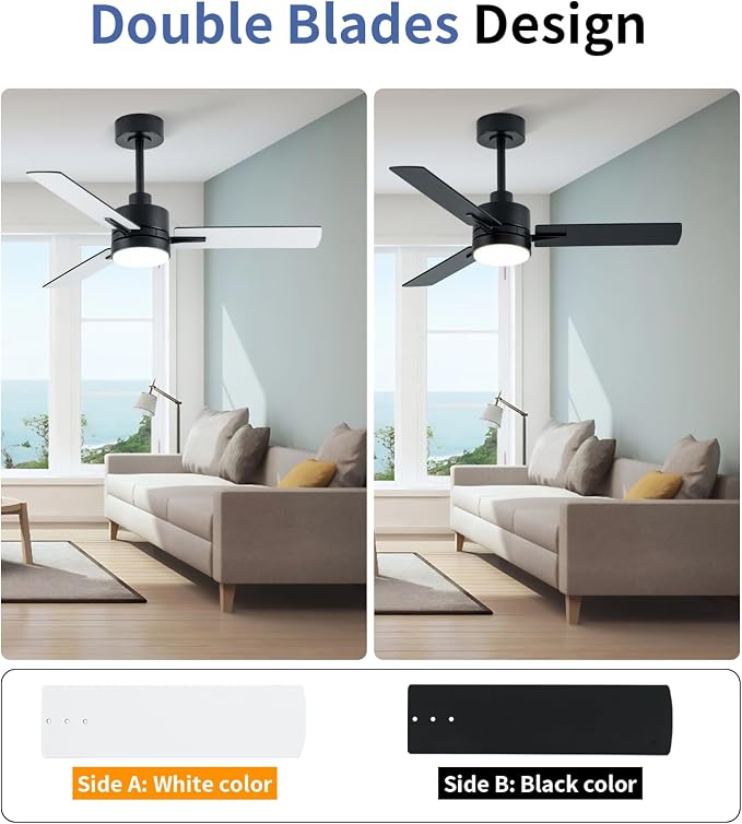 42'' Black Ceiling Fans with Lights and Remote, 6 Speed Low Profile Modern Ceiling Fan with Quiet DC Motor for Indoor Outdoor