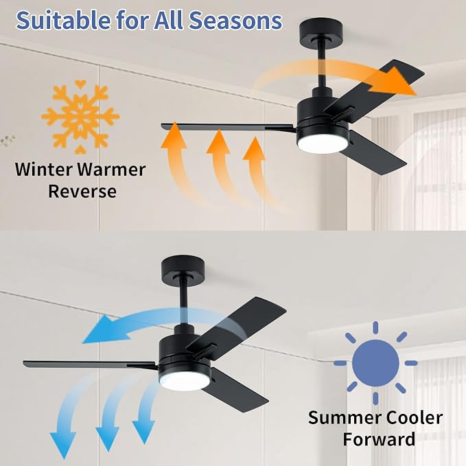 42'' Black Ceiling Fans with Lights and Remote, 6 Speed Low Profile Modern Ceiling Fan with Quiet DC Motor for Indoor Outdoor