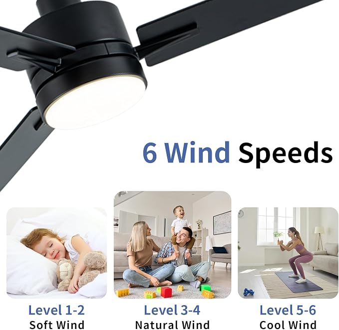 42'' Black Ceiling Fans with Lights and Remote, 6 Speed Low Profile Modern Ceiling Fan with Quiet DC Motor for Indoor Outdoor