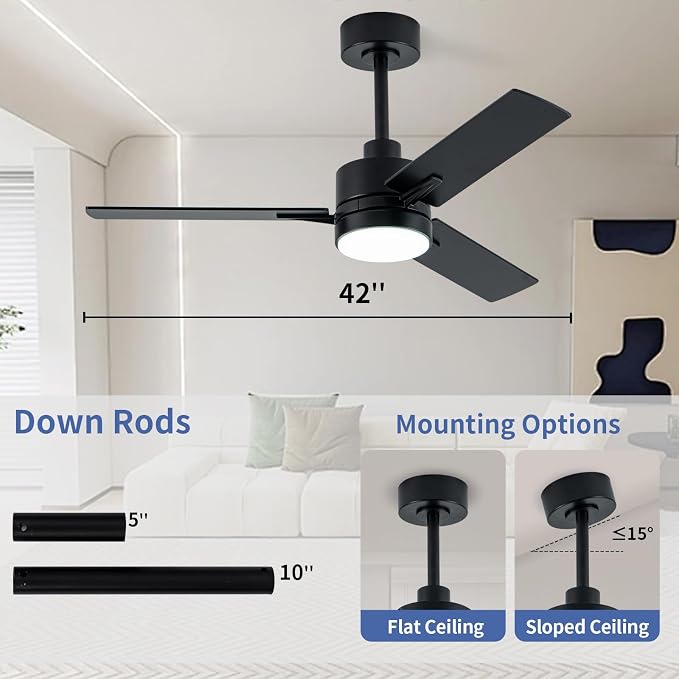 42'' Black Ceiling Fans with Lights and Remote, 6 Speed Low Profile Modern Ceiling Fan with Quiet DC Motor for Indoor Outdoor