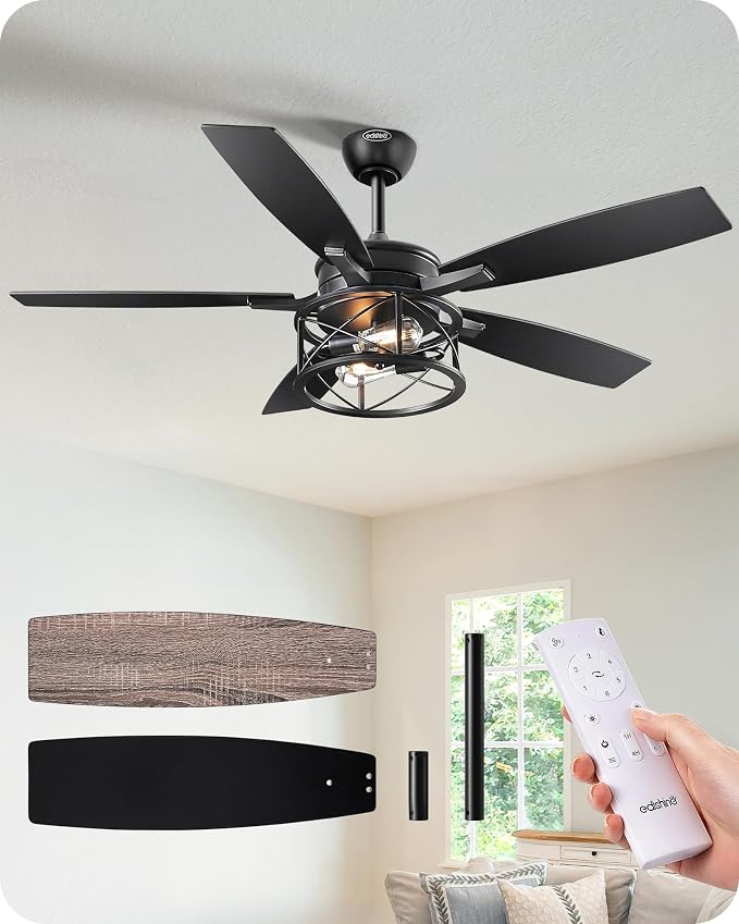 42“ Black Farmhouse Ceiling Fans with Lights, Remote Control, Dimmable, 6 Speeds, 5 Wood Blades, DC Reversible Motor, Timer