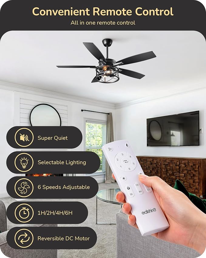 42“ Black Farmhouse Ceiling Fans with Lights, Remote Control, Dimmable, 6 Speeds, 5 Wood Blades, DC Reversible Motor, Timer
