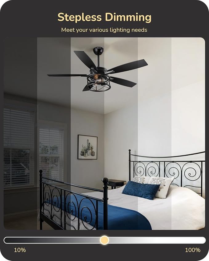 42“ Black Farmhouse Ceiling Fans with Lights, Remote Control, Dimmable, 6 Speeds, 5 Wood Blades, DC Reversible Motor, Timer