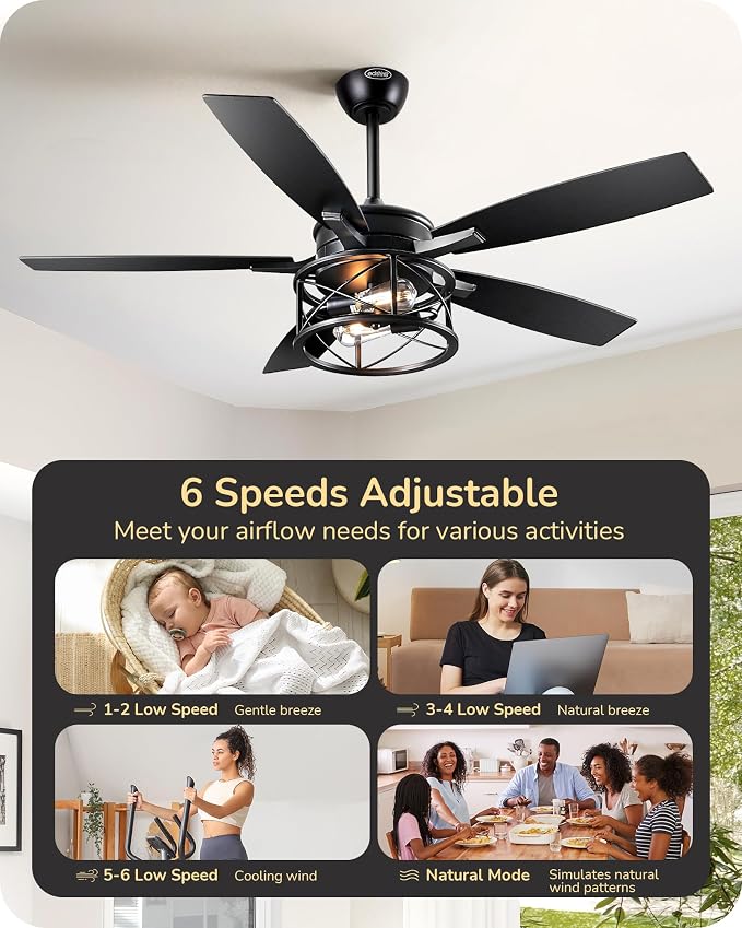 42“ Black Farmhouse Ceiling Fans with Lights, Remote Control, Dimmable, 6 Speeds, 5 Wood Blades, DC Reversible Motor, Timer