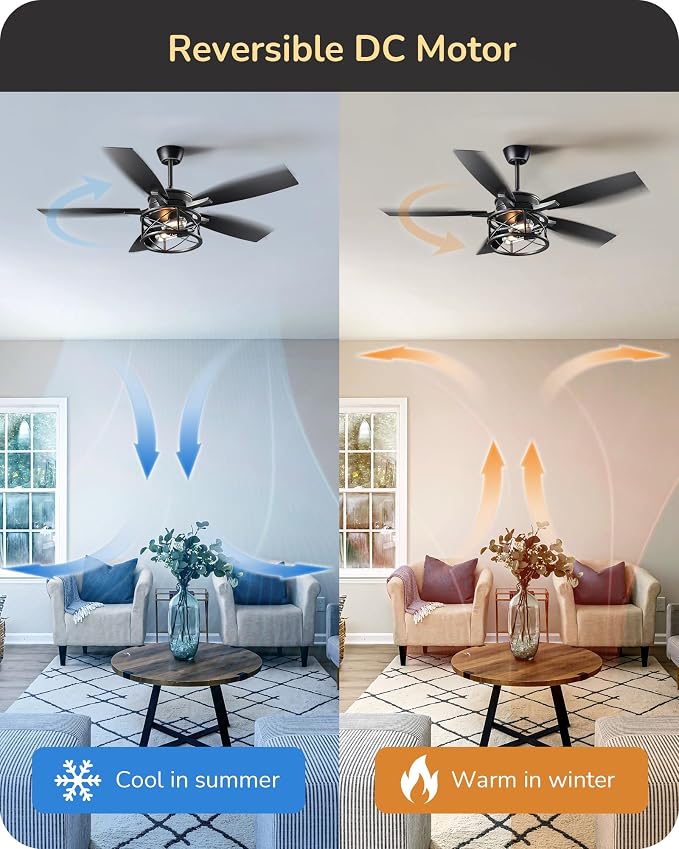 42“ Black Farmhouse Ceiling Fans with Lights, Remote Control, Dimmable, 6 Speeds, 5 Wood Blades, DC Reversible Motor, Timer