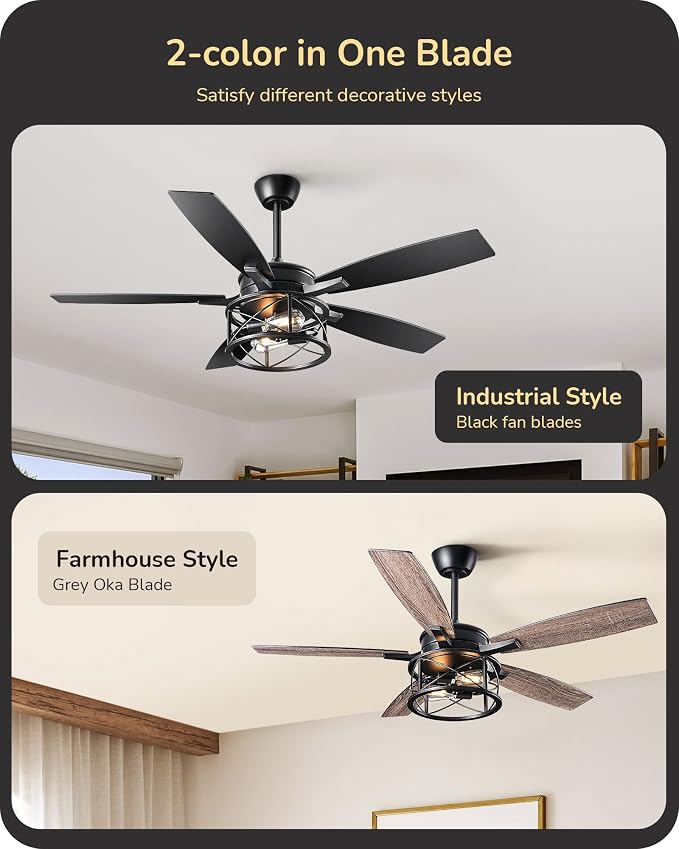 42“ Black Farmhouse Ceiling Fans with Lights, Remote Control, Dimmable, 6 Speeds, 5 Wood Blades, DC Reversible Motor, Timer
