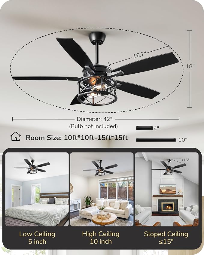 42“ Black Farmhouse Ceiling Fans with Lights, Remote Control, Dimmable, 6 Speeds, 5 Wood Blades, DC Reversible Motor, Timer