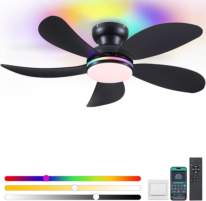 42" Black RGB Ceiling Fans with Lights and Remote/APP,Low Profile Ceiling Fans with Quiet Reversible DC Motor,Small Modern