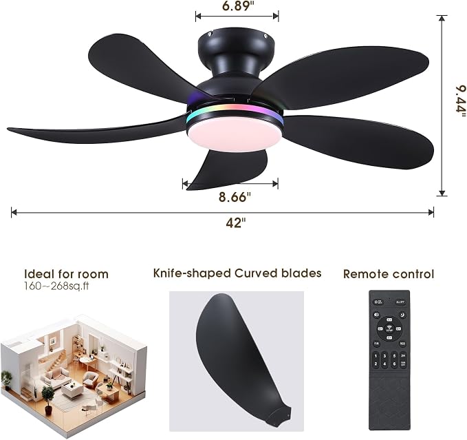 42" Black RGB Ceiling Fans with Lights and Remote/APP,Low Profile Ceiling Fans with Quiet Reversible DC Motor,Small Modern