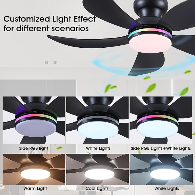 42" Black RGB Ceiling Fans with Lights and Remote/APP,Low Profile Ceiling Fans with Quiet Reversible DC Motor,Small Modern