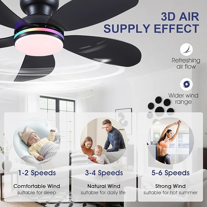 42" Black RGB Ceiling Fans with Lights and Remote/APP,Low Profile Ceiling Fans with Quiet Reversible DC Motor,Small Modern