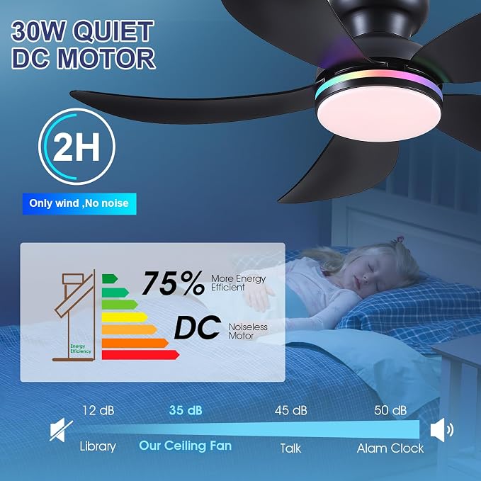 42" Black RGB Ceiling Fans with Lights and Remote/APP,Low Profile Ceiling Fans with Quiet Reversible DC Motor,Small Modern