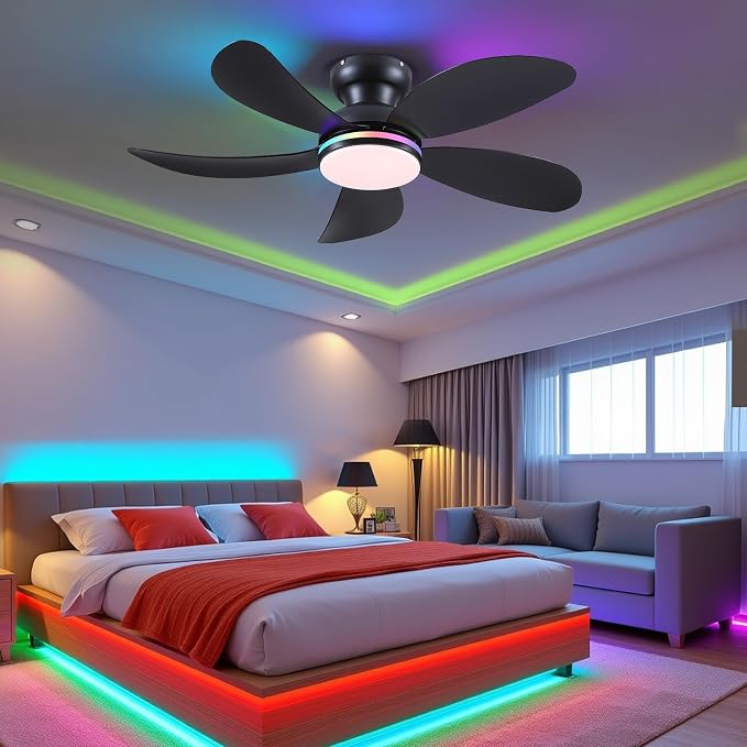 42" Black RGB Ceiling Fans with Lights and Remote/APP,Low Profile Ceiling Fans with Quiet Reversible DC Motor,Small Modern
