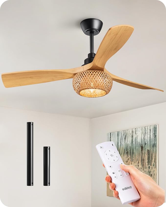 42“ Boho Chic Ceiling Fans with Lights, Bamboo Cage, 3-ABS Blades, 10%-100% Dimmable, Timer, Remote Control, 6 Speeds, Indoor