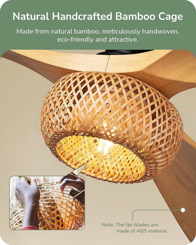 42“ Boho Chic Ceiling Fans with Lights, Bamboo Cage, 3-ABS Blades, 10%-100% Dimmable, Timer, Remote Control, 6 Speeds, Indoor