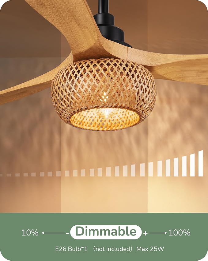 42“ Boho Chic Ceiling Fans with Lights, Bamboo Cage, 3-ABS Blades, 10%-100% Dimmable, Timer, Remote Control, 6 Speeds, Indoor