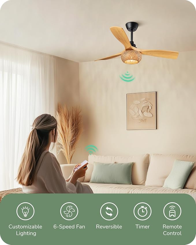42“ Boho Chic Ceiling Fans with Lights, Bamboo Cage, 3-ABS Blades, 10%-100% Dimmable, Timer, Remote Control, 6 Speeds, Indoor