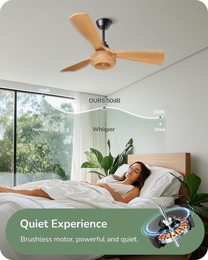 42“ Boho Chic Ceiling Fans with Lights, Bamboo Cage, 3-ABS Blades, 10%-100% Dimmable, Timer, Remote Control, 6 Speeds, Indoor