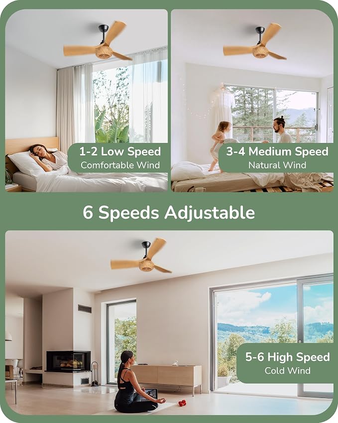 42“ Boho Chic Ceiling Fans with Lights, Bamboo Cage, 3-ABS Blades, 10%-100% Dimmable, Timer, Remote Control, 6 Speeds, Indoor