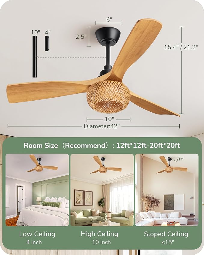 42“ Boho Chic Ceiling Fans with Lights, Bamboo Cage, 3-ABS Blades, 10%-100% Dimmable, Timer, Remote Control, 6 Speeds, Indoor