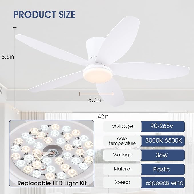 42" Ceiling Fans with Lights-Low Profile Ceiling Fan with Light and Remote/APP Control, Flush Mount, DC, alternate view 6