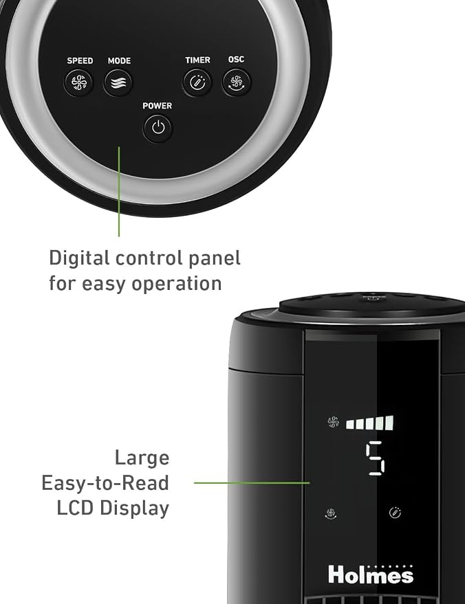 42" Digital Tower Fan, ClearRead Display, 90° Oscillation, 5 Speeds, 4 Modes, 8-Hour Timer, Home, Bedroom or Office, Remote