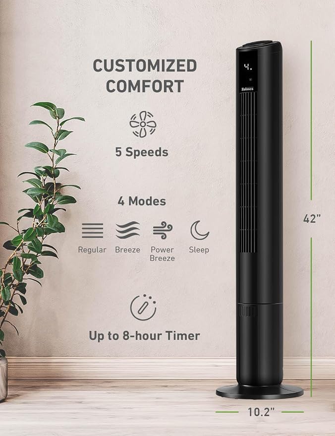 42" Digital Tower Fan, ClearRead Display, 90° Oscillation, 5 Speeds, 4 Modes, 8-Hour Timer, Home, Bedroom or Office, Remote