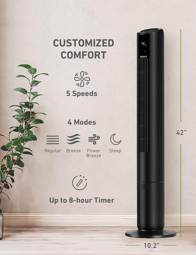 42" Digital Tower Fan with Accent Light, ClearRead Display, High/Low Brightness Level, 90° Oscillation, 5 Speeds, 4 Modes