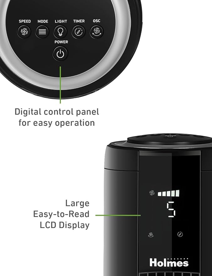 42" Digital Tower Fan with Accent Light, ClearRead Display, High/Low Brightness Level, 90° Oscillation, 5 Speeds, 4 Modes