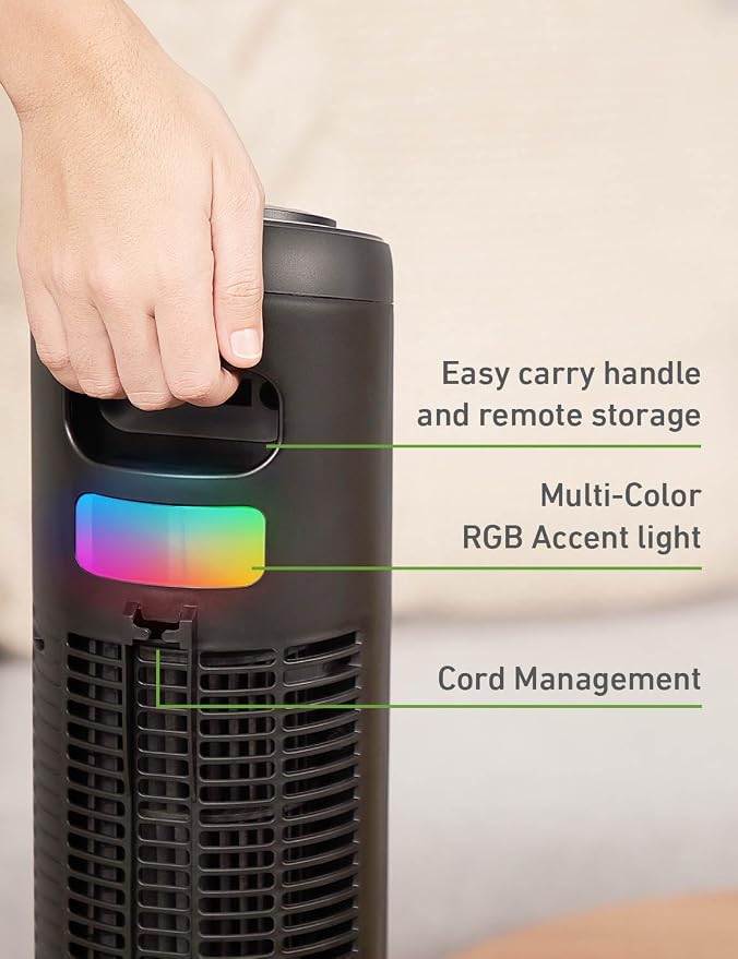 42" Digital Tower Fan with Accent Light, ClearRead Display, High/Low Brightness Level, 90° Oscillation, 5 Speeds, 4 Modes