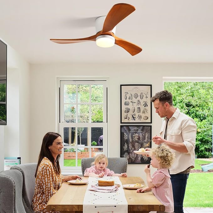42" Flush Mount Ceiling Fan with Lights3 Wood Blades, Reversible,Dimmable, Low Profile Ceiling Fan with Remote Control for