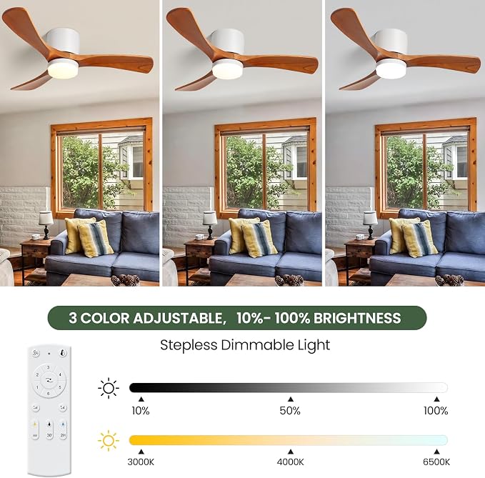 42" Flush Mount Ceiling Fan with Lights3 Wood Blades, Reversible,Dimmable, Low Profile Ceiling Fan with Remote Control for