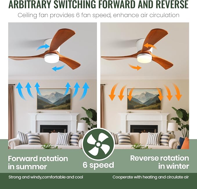 42" Flush Mount Ceiling Fan with Lights3 Wood Blades, Reversible,Dimmable, Low Profile Ceiling Fan with Remote Control for