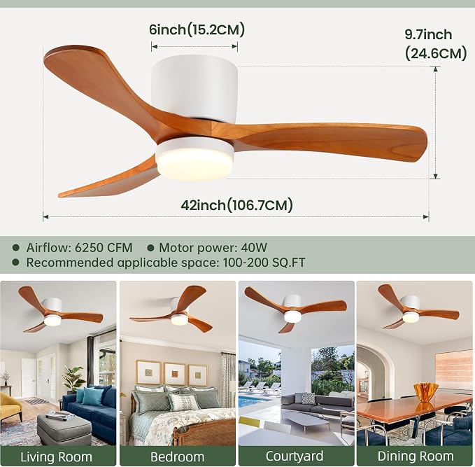 42" Flush Mount Ceiling Fan with Lights3 Wood Blades, Reversible,Dimmable, Low Profile Ceiling Fan with Remote Control for