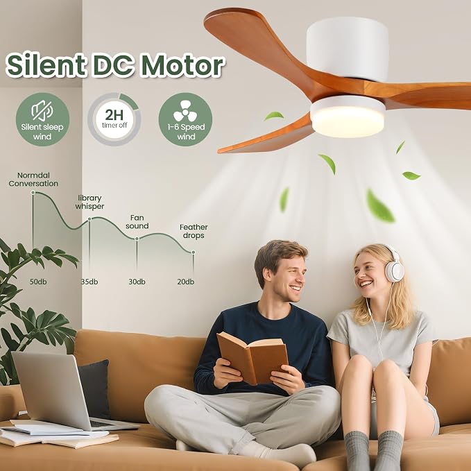 42" Flush Mount Ceiling Fan with Lights3 Wood Blades, Reversible,Dimmable, Low Profile Ceiling Fan with Remote Control for