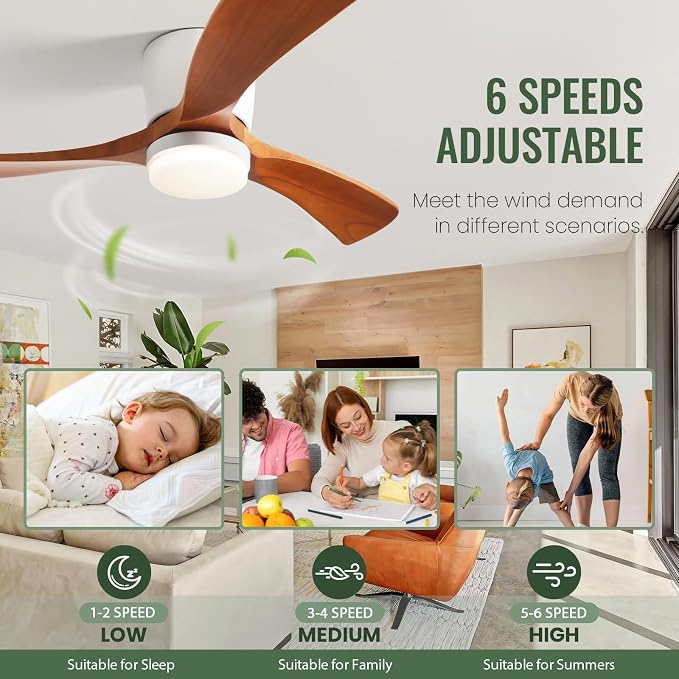 42" Flush Mount Ceiling Fan with Lights3 Wood Blades, Reversible,Dimmable, Low Profile Ceiling Fan with Remote Control for