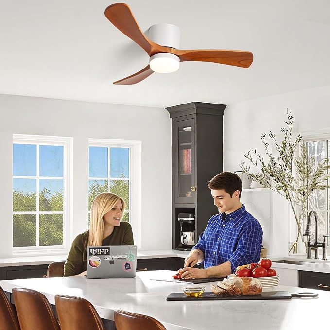42" Flush Mount Ceiling Fan with Lights3 Wood Blades, Reversible,Dimmable, Low Profile Ceiling Fan with Remote Control for