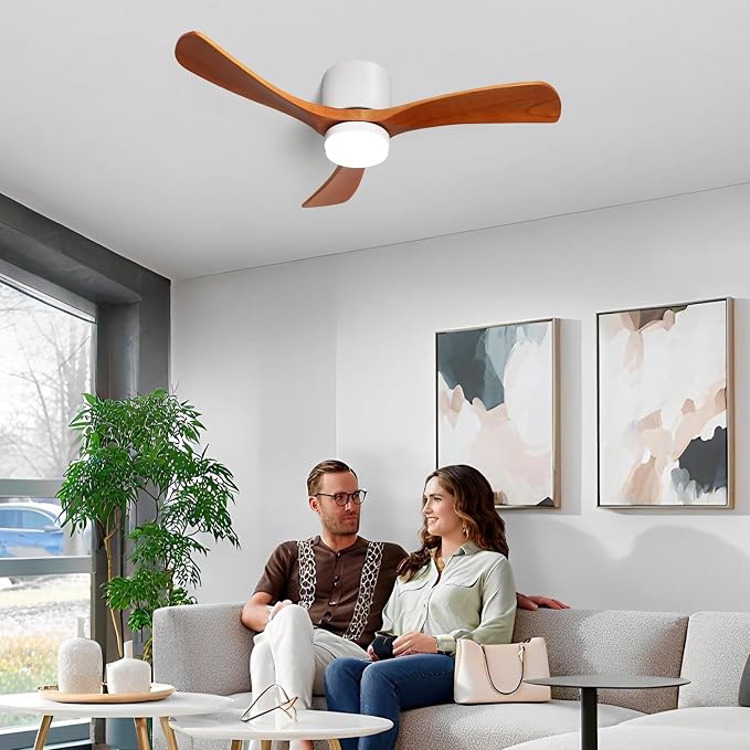 42" Flush Mount Ceiling Fan with Lights3 Wood Blades, Reversible,Dimmable, Low Profile Ceiling Fan with Remote Control for