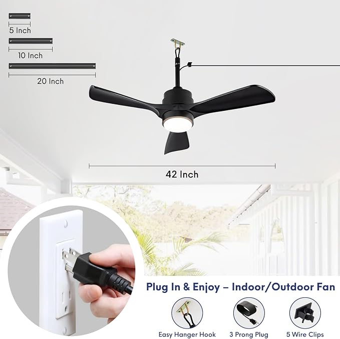 42" Gazebo Fans Outdoor Hanging with Remote Waterproof,Outdoor Ceiling Fan for Patios with Light, Plug in Cord Outlet Hook