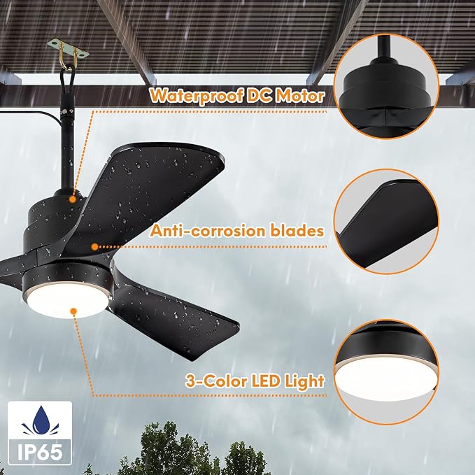 42" Gazebo Fans Outdoor Hanging with Remote Waterproof,Outdoor Ceiling Fan for Patios with Light, Plug in Cord Outlet Hook