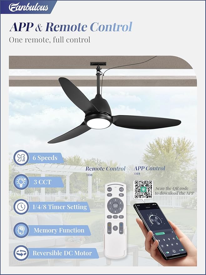 42 In Outdoor Ceiling Fan with Light, Plug-in Ceiling Fans with Waterproof IP65, Smart APP Remote Control, 6-Speed DC Motor
