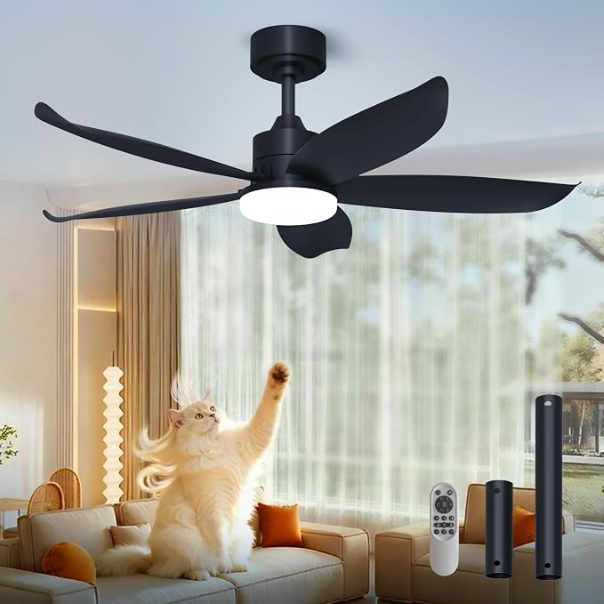 42 Inch Black Ceiling Fan with Light and Remote, Modern Ceiling Fan, 6 Speed, Reversible, 3000k-6500k Dimmable LED, Quiet DC