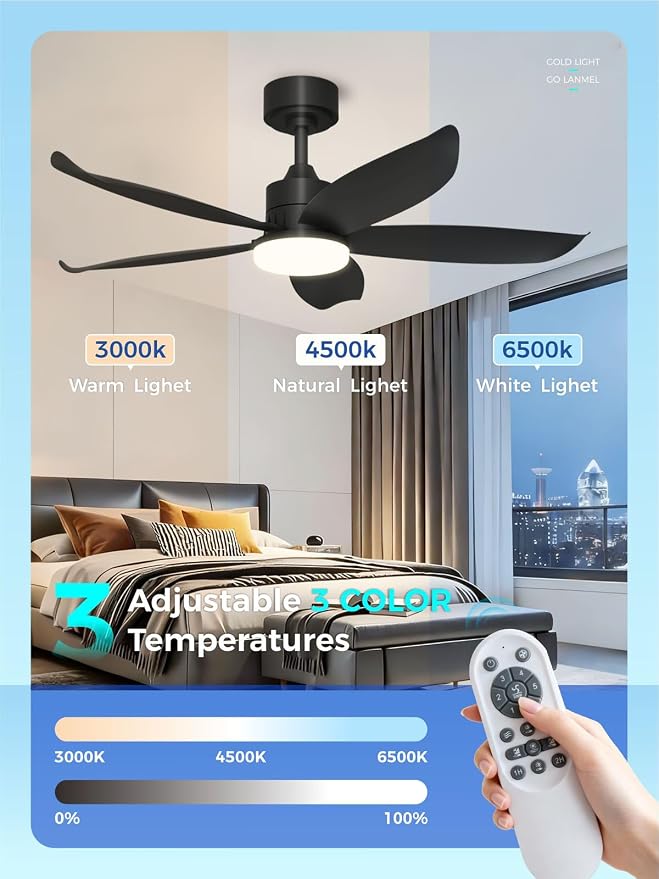 42 Inch Black Ceiling Fan with Light and Remote, Modern Ceiling Fan, 6 Speed, Reversible, 3000k-6500k Dimmable LED, Quiet DC