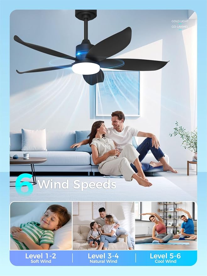 42 Inch Black Ceiling Fan with Light and Remote, Modern Ceiling Fan, 6 Speed, Reversible, 3000k-6500k Dimmable LED, Quiet DC