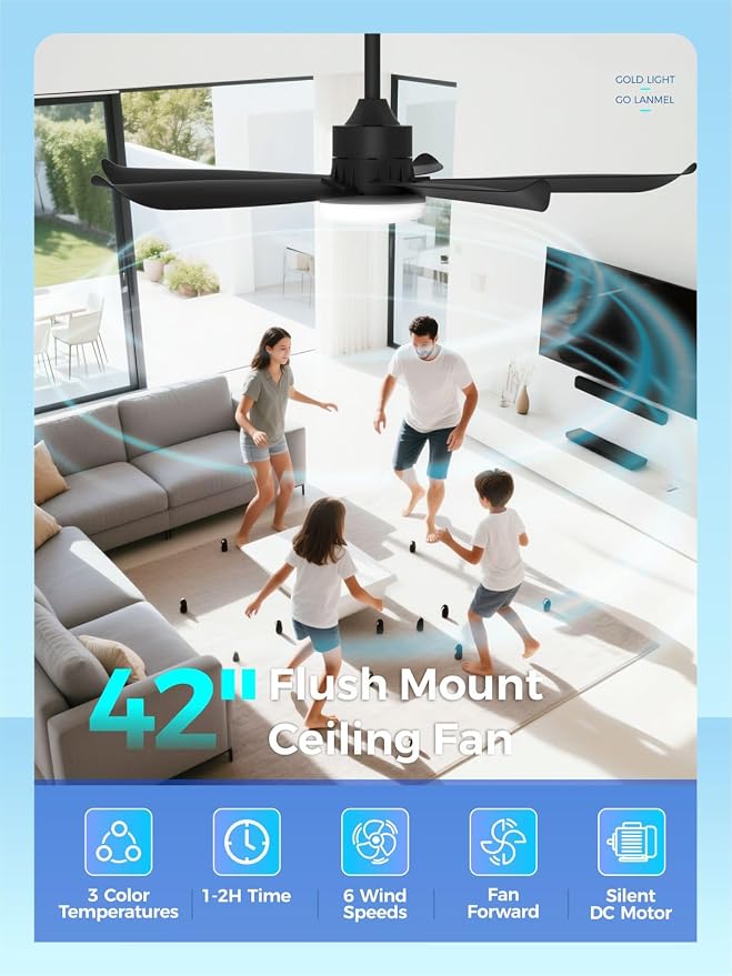 42 Inch Black Ceiling Fan with Light and Remote, Modern Ceiling Fan, 6 Speed, Reversible, 3000k-6500k Dimmable LED, Quiet DC